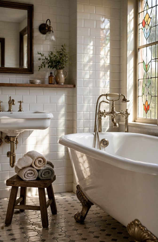 19 UK Bathroom Ideas for 2026: Colors, Layouts and Details 4 Bathroom featuring vintage brass fixtures and original tile borders.