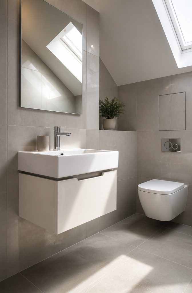 19 UK Bathroom Ideas for 2026: Colors, Layouts and Details 8 Bathroom with wall-mounted sink and toilet, showcasing hidden plumbing.