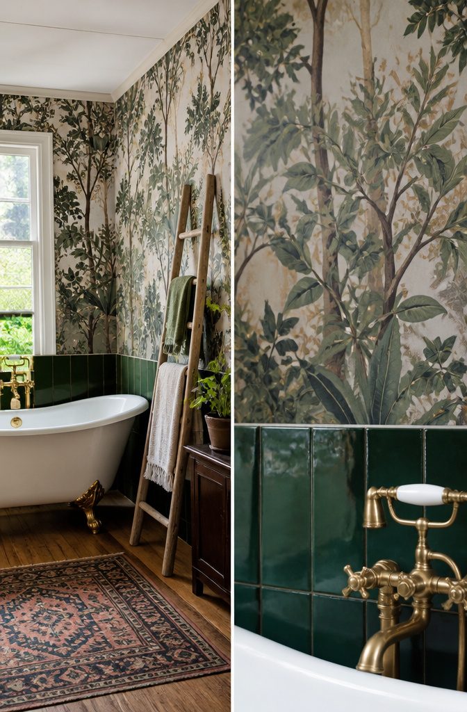 19 UK Bathroom Ideas for 2026: Colors, Layouts and Details 3 Bathroom with forest motif wallpaper, showcasing steam-resistant design.