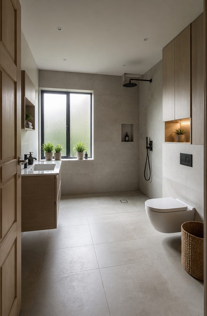 19 UK Bathroom Ideas for 2026: Colors, Layouts and Details 6 Wet room featuring a tiled floor and open shower area.