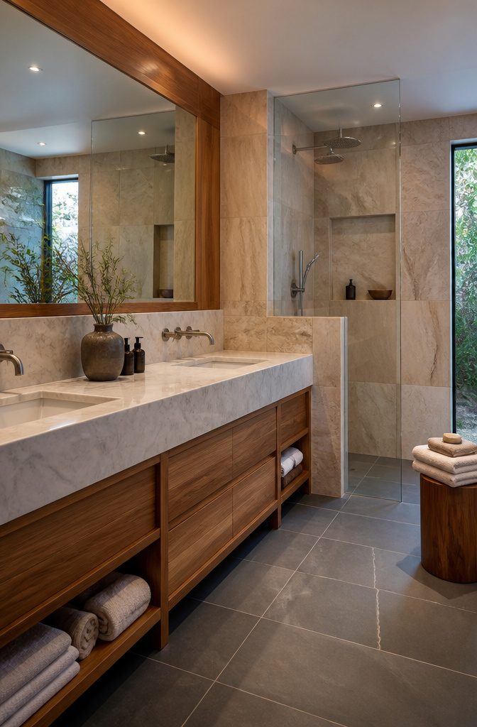 19 UK Bathroom Ideas for 2026: Colors, Layouts and Details 5 Bathroom with teak cabinetry and polished marble countertop.