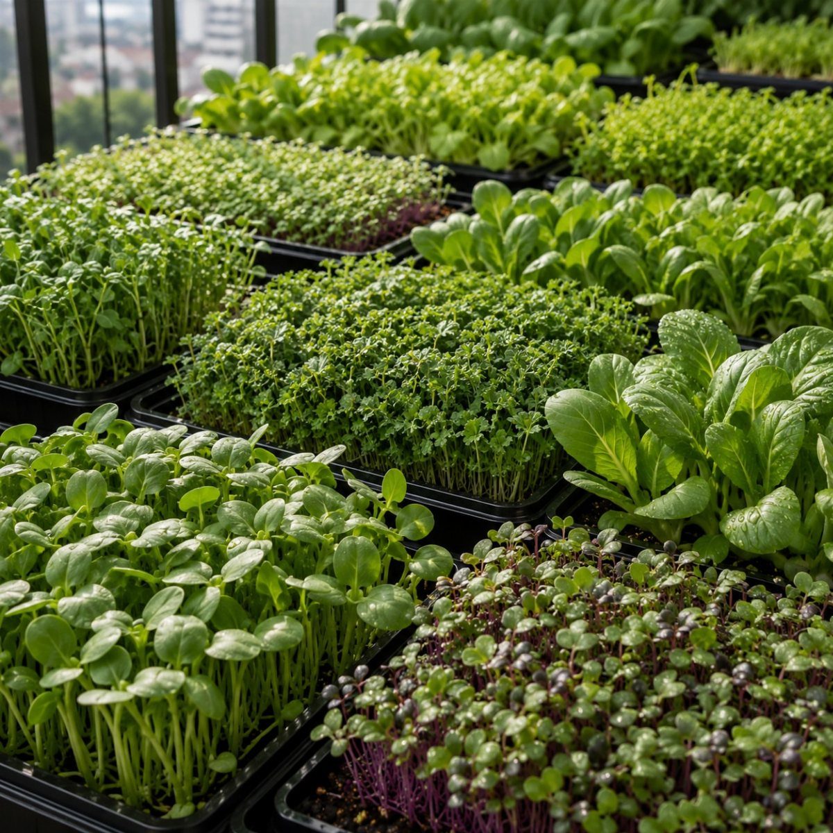 10 Urban Gardening Ideas for Small Spaces & City Living 5 Various trays of vibrant green microgreens growing densely on an urban windowsill.