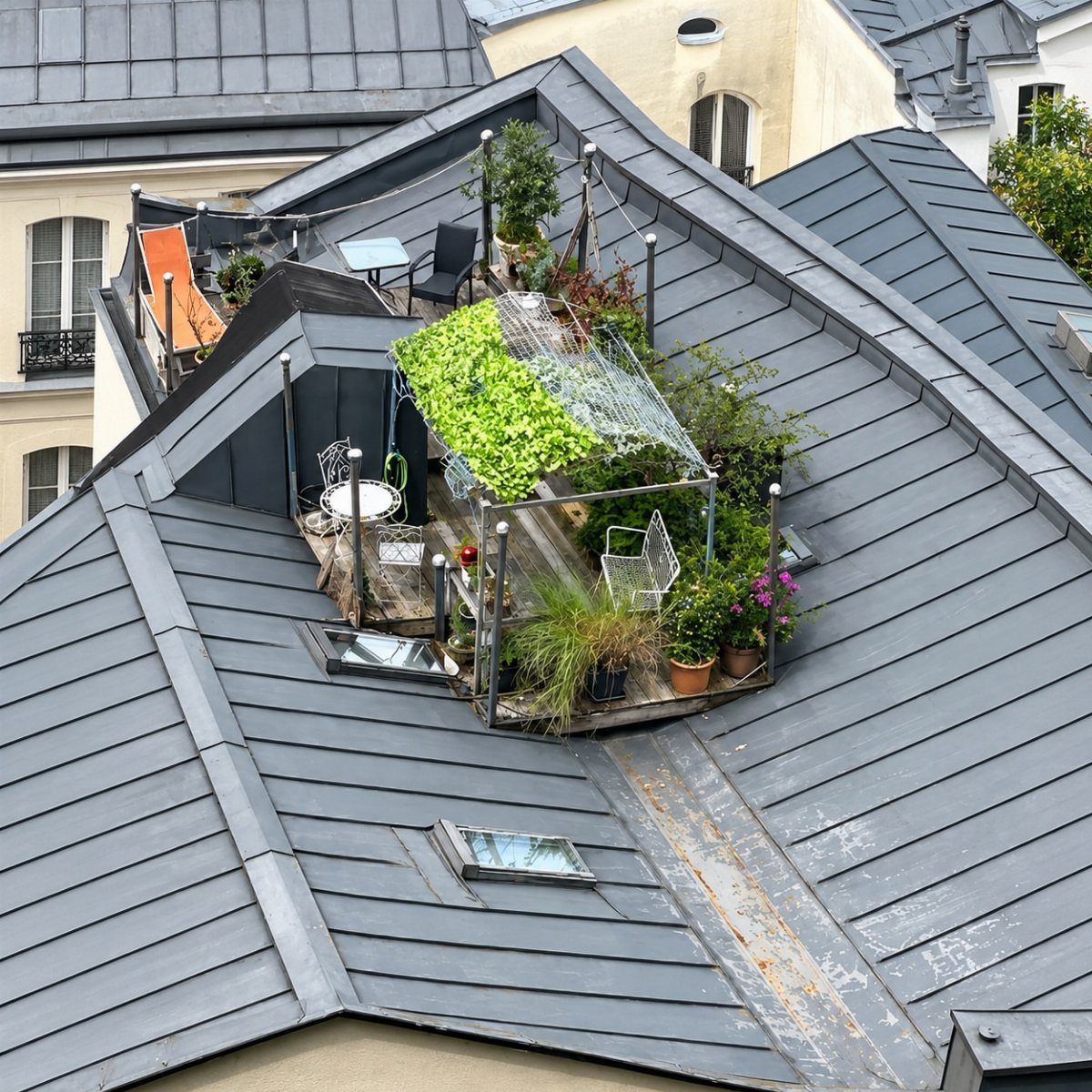 10 Urban Gardening Ideas for Small Spaces & City Living 9 A small rooftop garden with potted plants and a wire trellis on a grey metal roof.