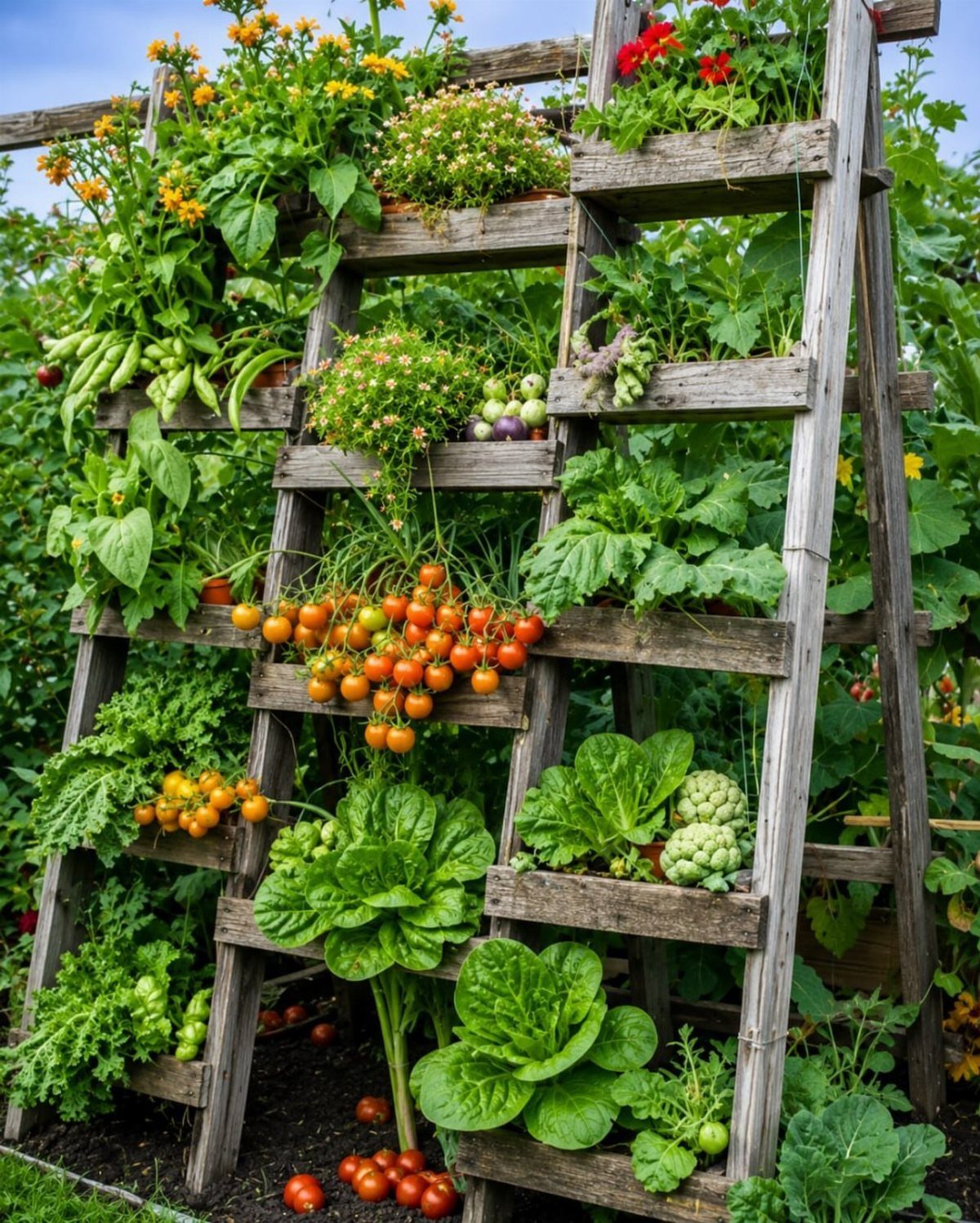 10 Urban Gardening Ideas for Small Spaces & City Living 2 A wooden ladder repurposed into a vertical garden filled with various vegetables and leafy green plants.