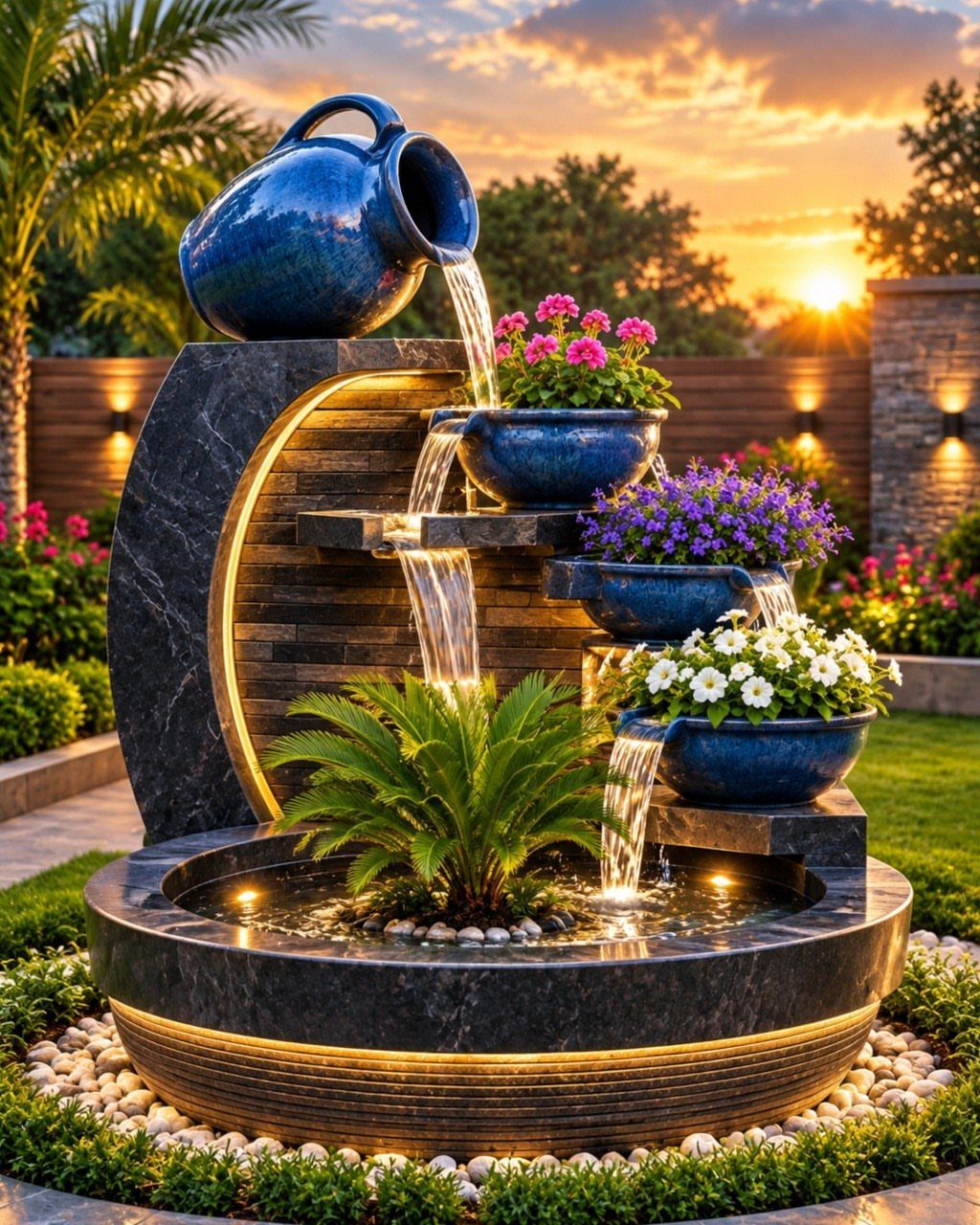 10 Urban Gardening Ideas for Small Spaces & City Living 6 A tiered blue ceramic water fountain with flowers flowing into a stone basin at sunset.