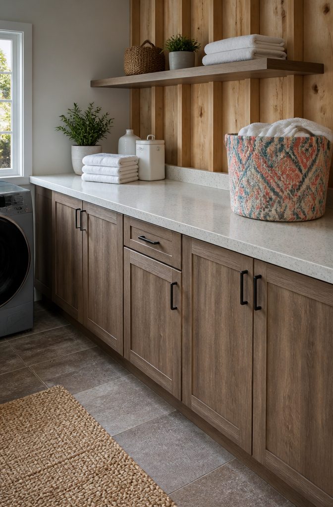 9 Utility Room Cabinet Ideas for Storage, Style and Budget in 2026 3 Base cabinets with a quartz countertop in a utility room.