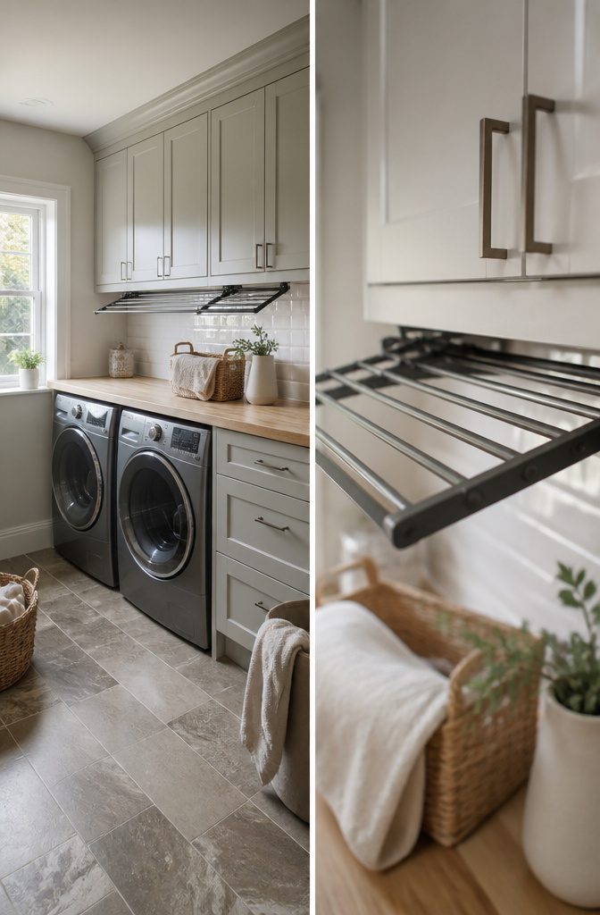 9 Utility Room Cabinet Ideas for Storage, Style and Budget in 2026 5 Pull-down drying rack mounted above a washer and dryer.