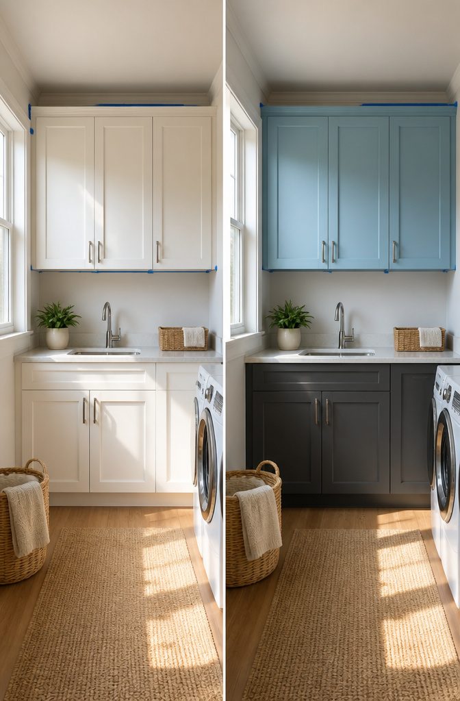 9 Utility Room Cabinet Ideas for Storage, Style and Budget in 2026 8 Two-toned cabinets in a utility room featuring bold colors.
