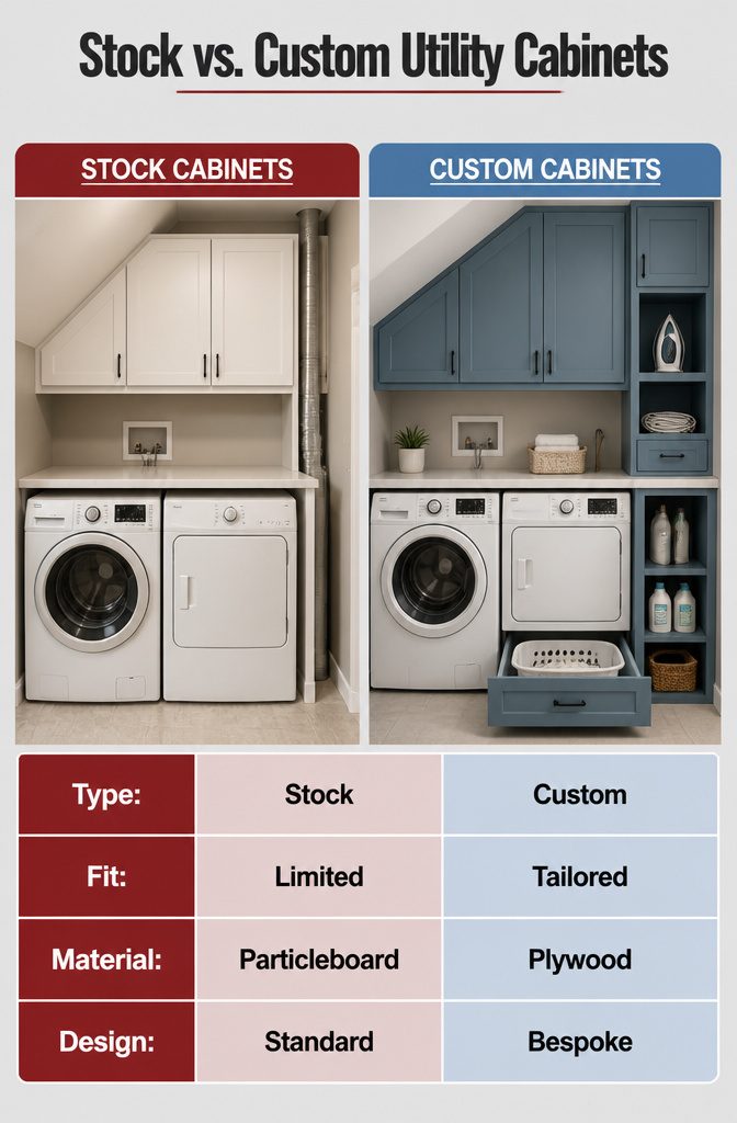 9 Utility Room Cabinet Ideas for Storage, Style and Budget in 2026 11 Stock vs. custom utility cabinets comparison image.