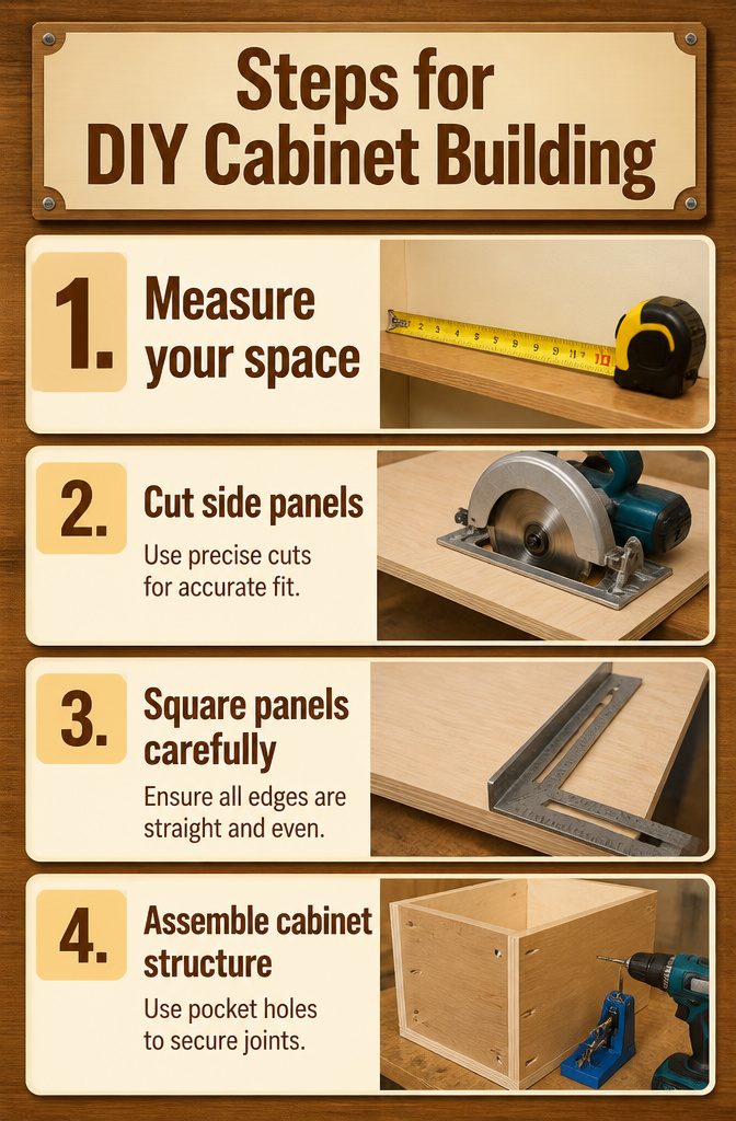 9 Utility Room Cabinet Ideas for Storage, Style and Budget in 2026 13 Steps for DIY cabinet building displayed in an informative image.