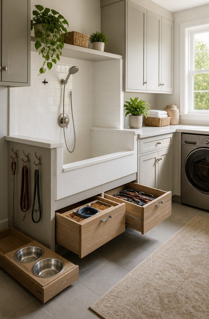9 Utility Room Cabinet Ideas for Storage, Style and Budget in 2026 14 Dog washing station built into a base cabinet in a utility room.