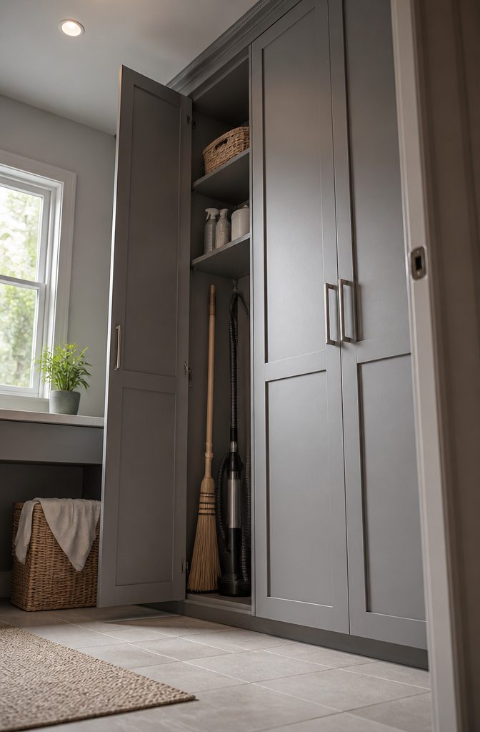 9 Utility Room Cabinet Ideas for Storage, Style and Budget in 2026 2 Tall utility cabinet with adjustable shelves for various cleaning supplies.
