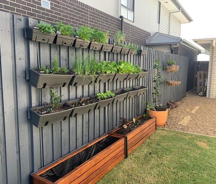 Black planters filled with green vegetables mounted on a dark grey wooden fence next to raised beds.