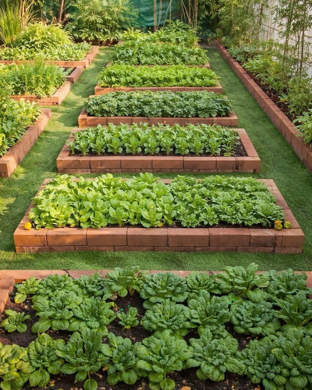 Multiple brick raised garden beds filled with green leafy vegetables arranged on a green lawn.
