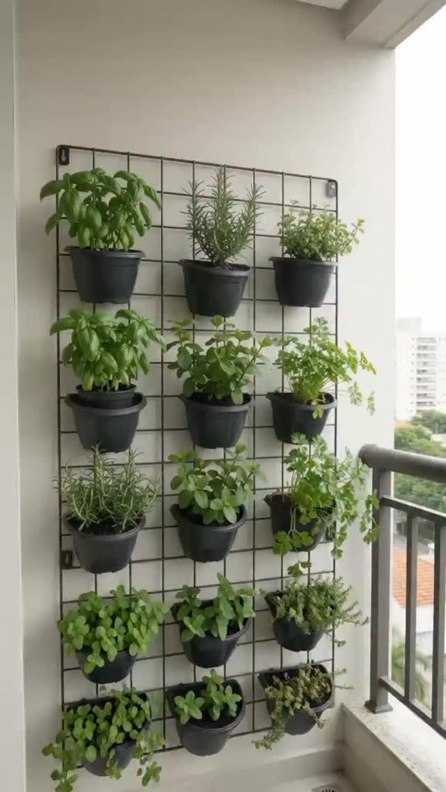 A vertical herb garden with black pots mounted on a wire grid against a white wall.