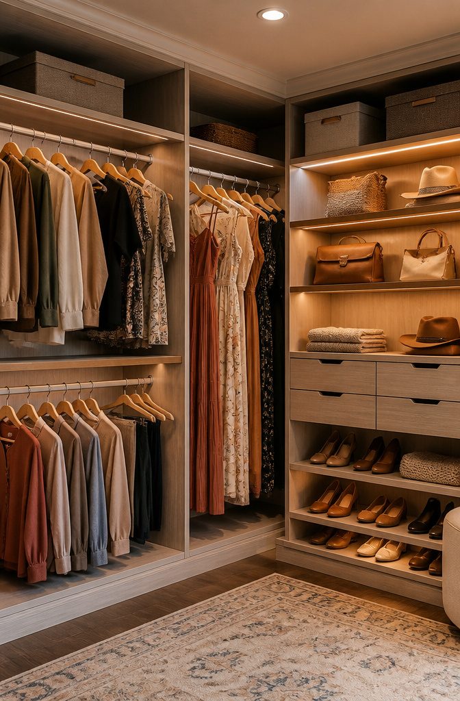 Adjustable rods and shelves for a versatile wall closet.