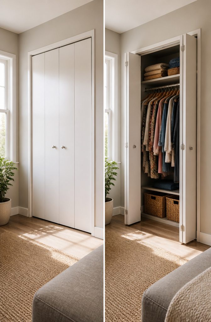 Bi-fold closet doors providing access to the closet interior.