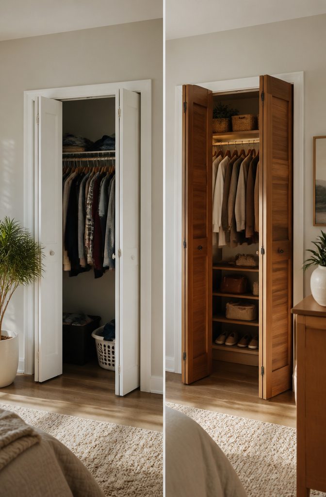 Bifold doors opening to reveal a closet's interior.