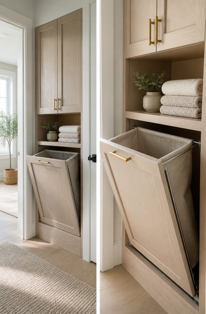 Tilt-out laundry hamper in a closet for dirty clothes.