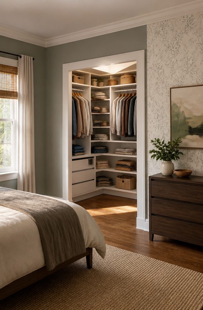 Corner closet with diagonal shelving for storage.