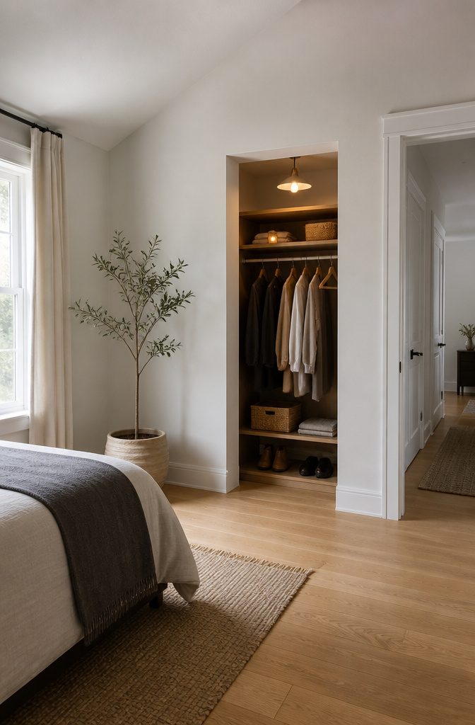 Converted cabinet functioning as a closet space.