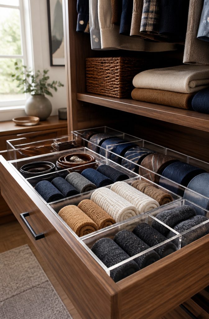 Drawer with adjustable acrylic dividers for organization.
