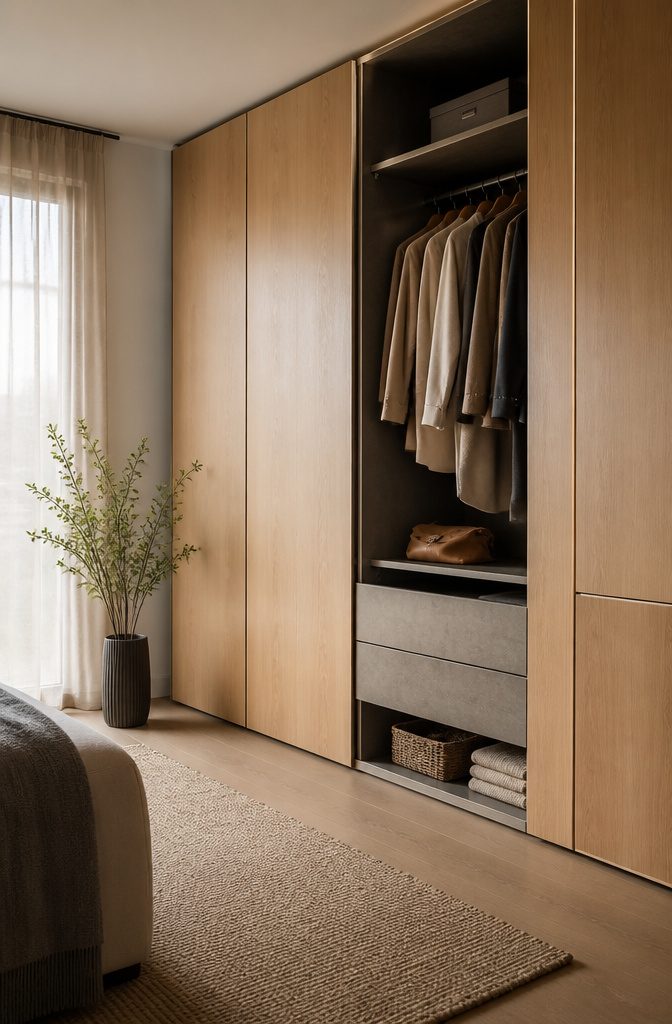 Modern closet featuring beech wood and gray suede.