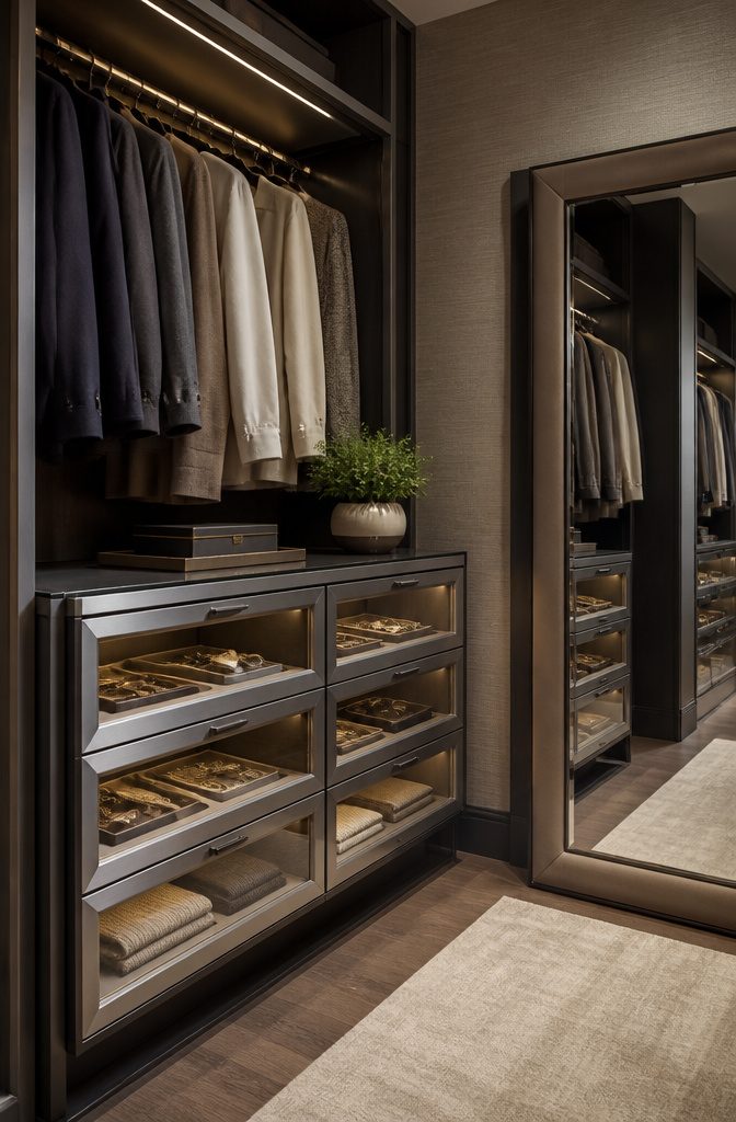 Glass-fronted drawers showcasing neatly arranged accessories.