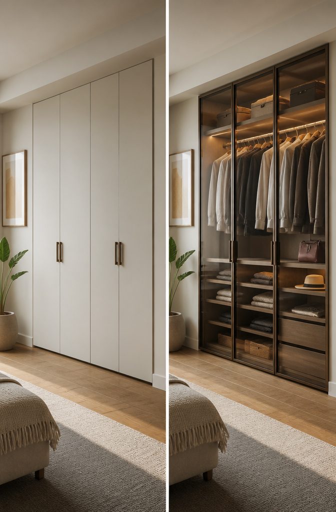 Glass partition in a closet providing a modern appearance.
