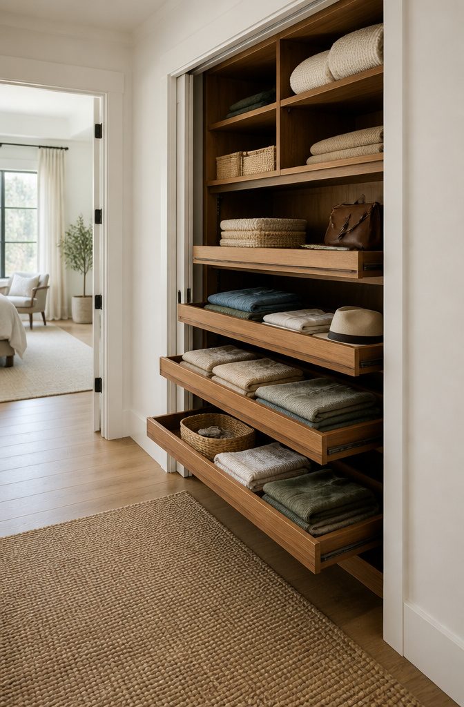 Gliding shelves that reveal neatly folded clothing.