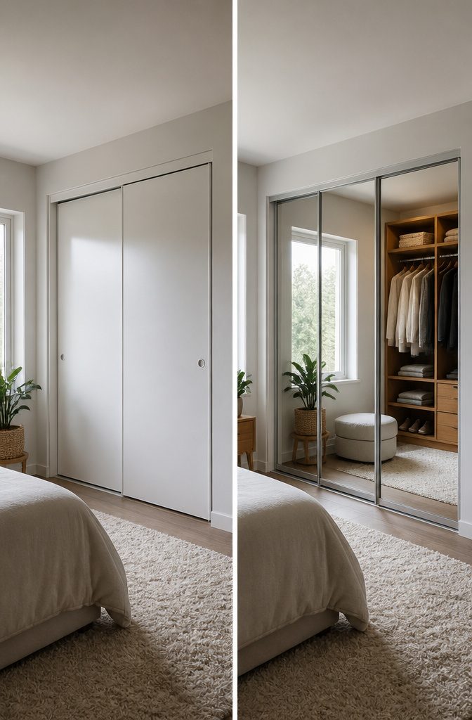 Mirror sliding doors enhancing the appearance of a room.