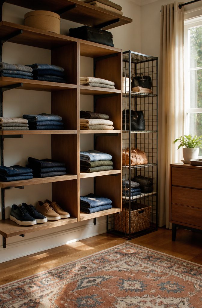 Modular wooden shelves holding denim and casual shoes.