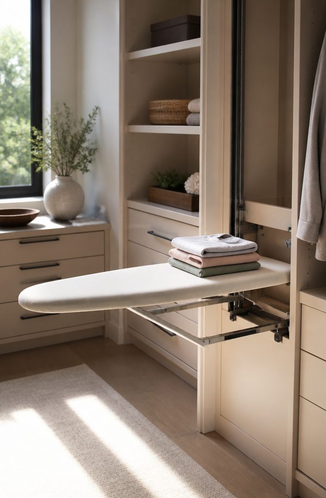 Pull-out ironing board mounted inside a closet.