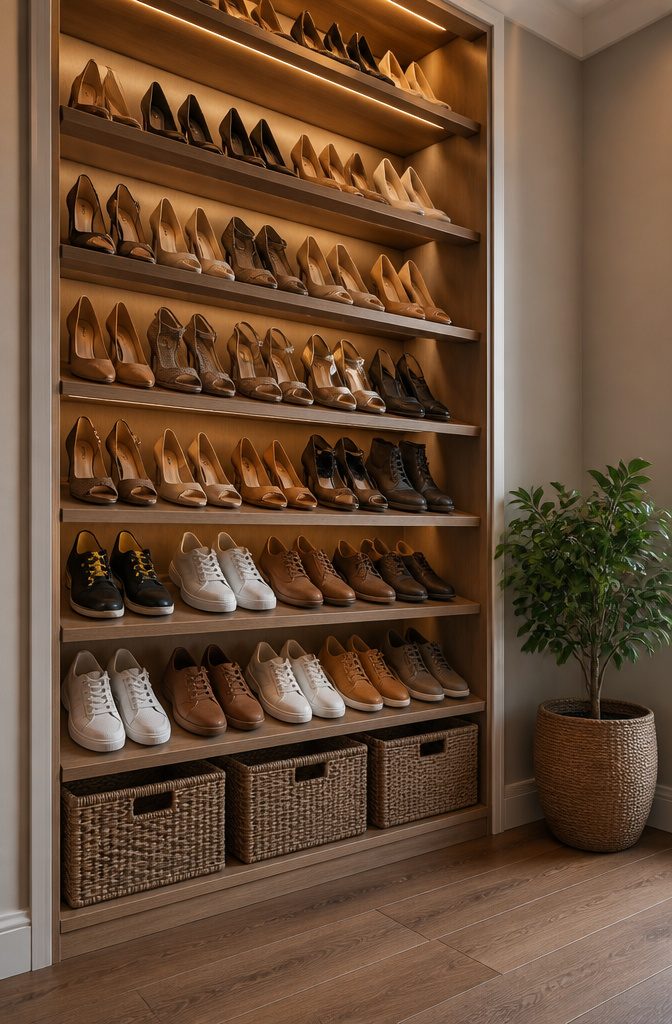 Shoe rack featuring angled shelves for visibility.