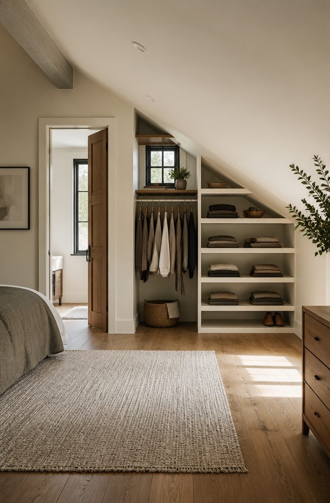 Slanted wall closet with customized shelving.