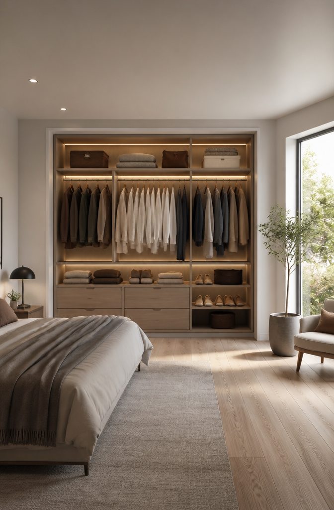 LED track lights and recessed lights in a closet.