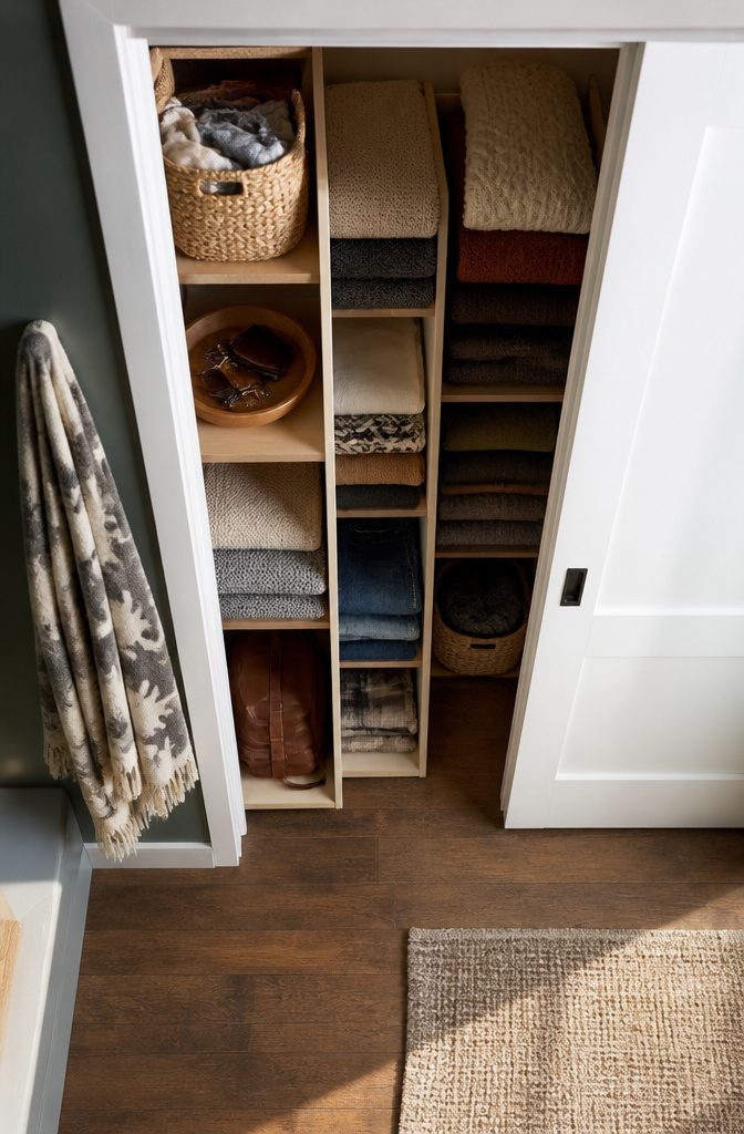 Closet with layered shelving behind a sliding door.
