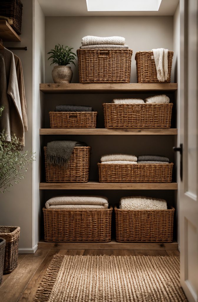 Wicker baskets for storage in a wall closet.