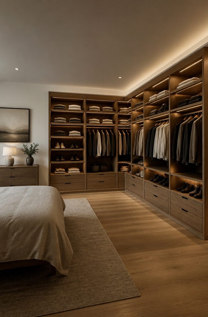 Wrapped closet extending storage around a corner.