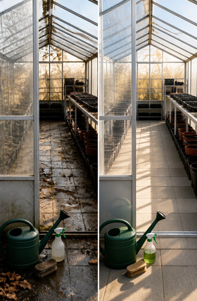 Winter Greenhouse Maintenance: A 7-Step Guide to Protecting Your Structure 2 Interior of a greenhouse being cleaned with tools and soap solution.