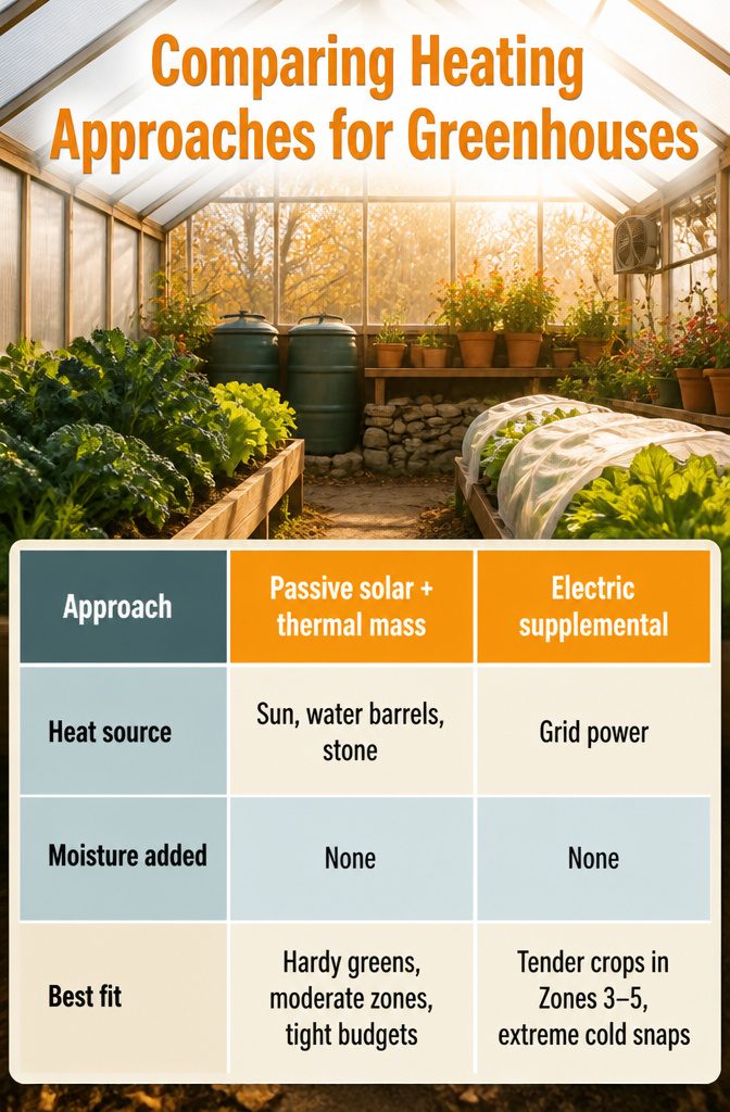 Winter Greenhouse Maintenance: A 7-Step Guide to Protecting Your Structure 9 A chart comparing heating methods for greenhouses.