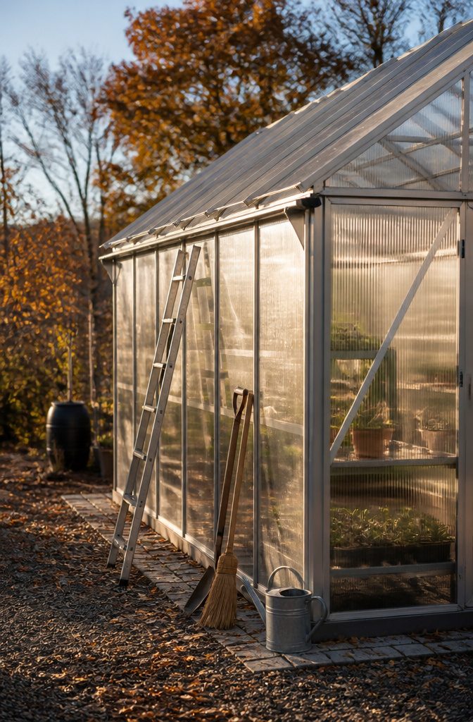 Winter Greenhouse Maintenance: A 7-Step Guide to Protecting Your Structure 1 A greenhouse frame with aluminum supports and polycarbonate panels.