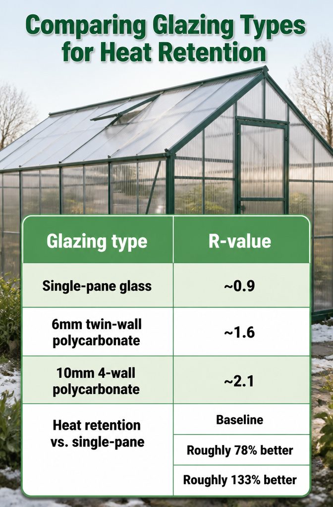Winter Greenhouse Maintenance: A 7-Step Guide to Protecting Your Structure 8 A chart comparing R-values of glazing materials for greenhouses.