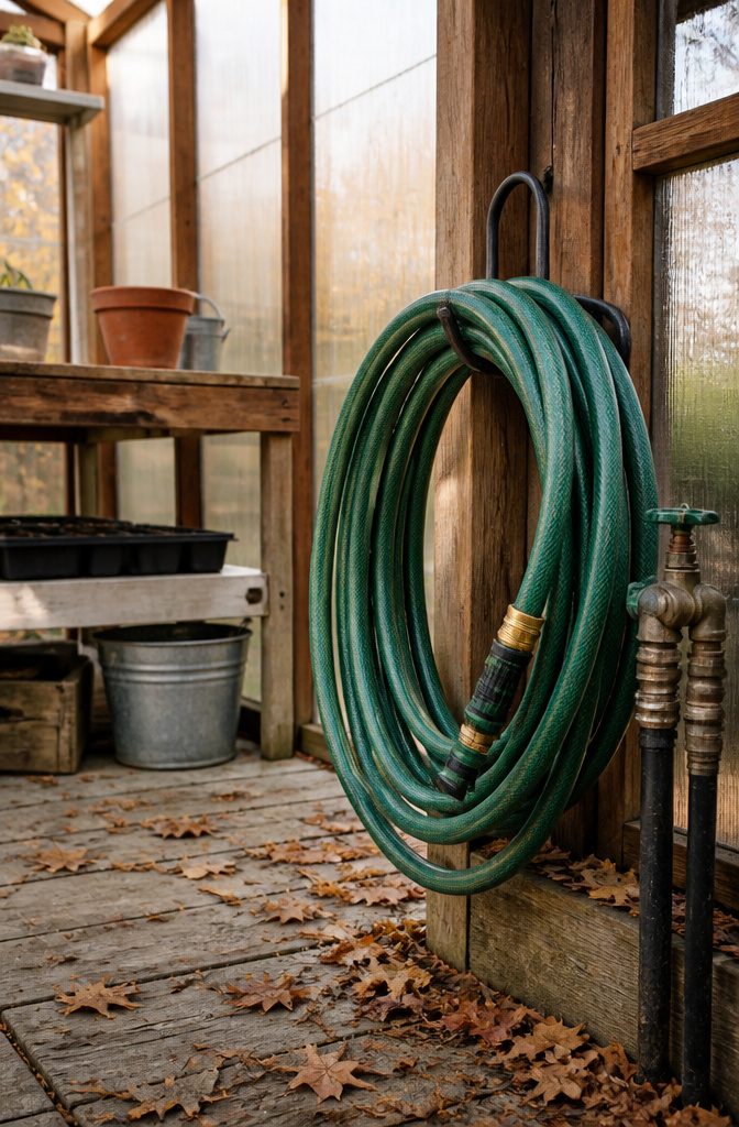 Winter Greenhouse Maintenance: A 7-Step Guide to Protecting Your Structure 3 A green hose coiled against a wooden frame in a greenhouse.