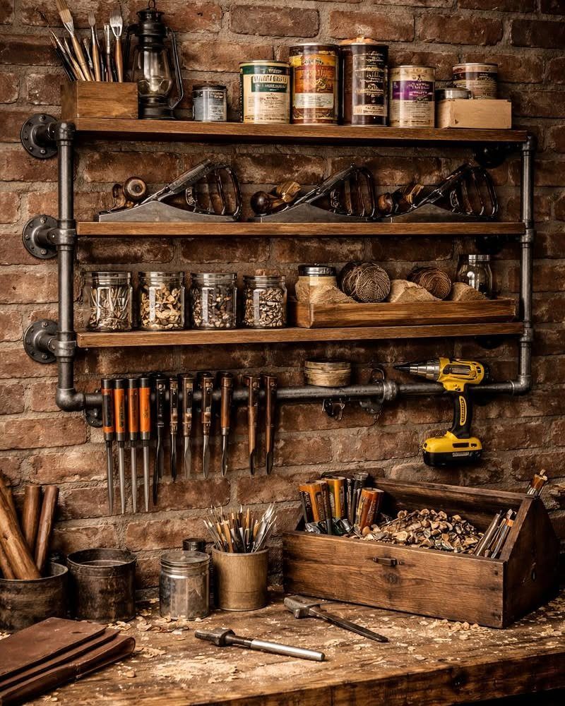 Industrial pipe shelving unit holding woodworking tools and jars against a brick wall.